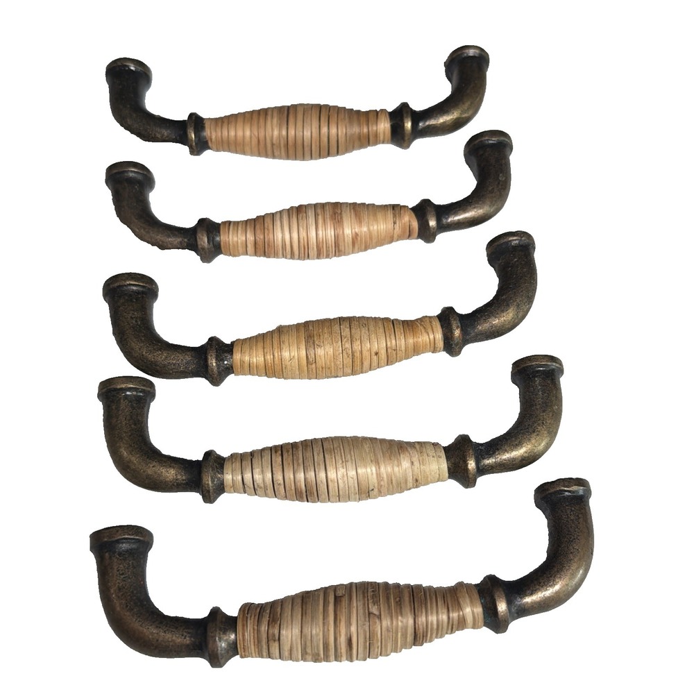 5 Brass Cabinet Drawer Pulls With Woven Rattan Handles 5.5" Boho New Hobby Lobby